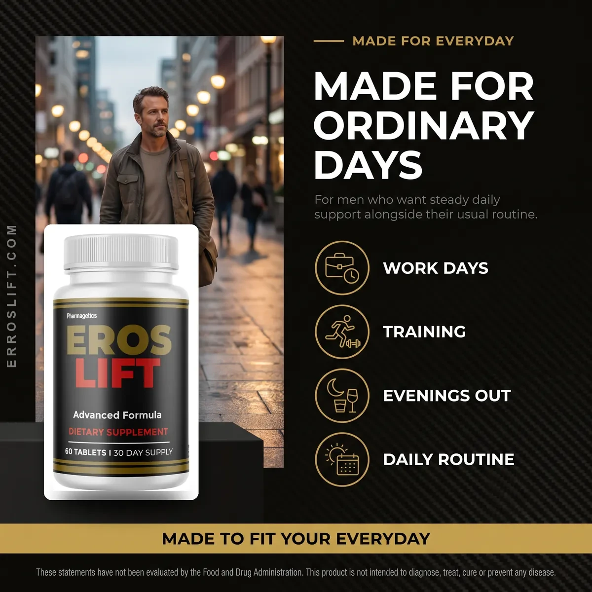 Eros Lift is made for everyday use by adult men supporting vitality alongside diet and exercise