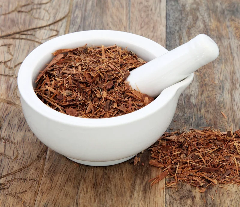 Mortar and pestle with a ground botanical herb